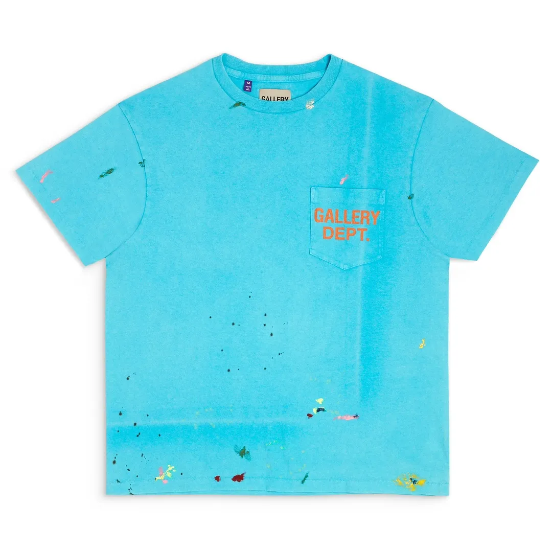GALLERY DEPT. VINTAGE LOGO PAINTED TEE/Turquoise washed and distressed VINTAGE LOGO retro English pocket short sleeves lake blue S-XL ready-to-wear dyeing, hand-sewn and smeared with horseradish and fried with salt, very heavy industry, manufacturing dark and light fading technology, hand-splashed ink graffiti, genuine acrylic material